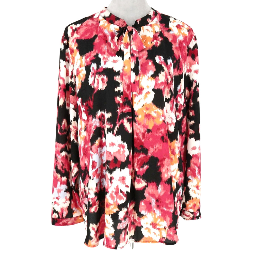Chicos 4 Top Plus Size 20 Black Pink Floral Tie Bow Blouse Buttons Career